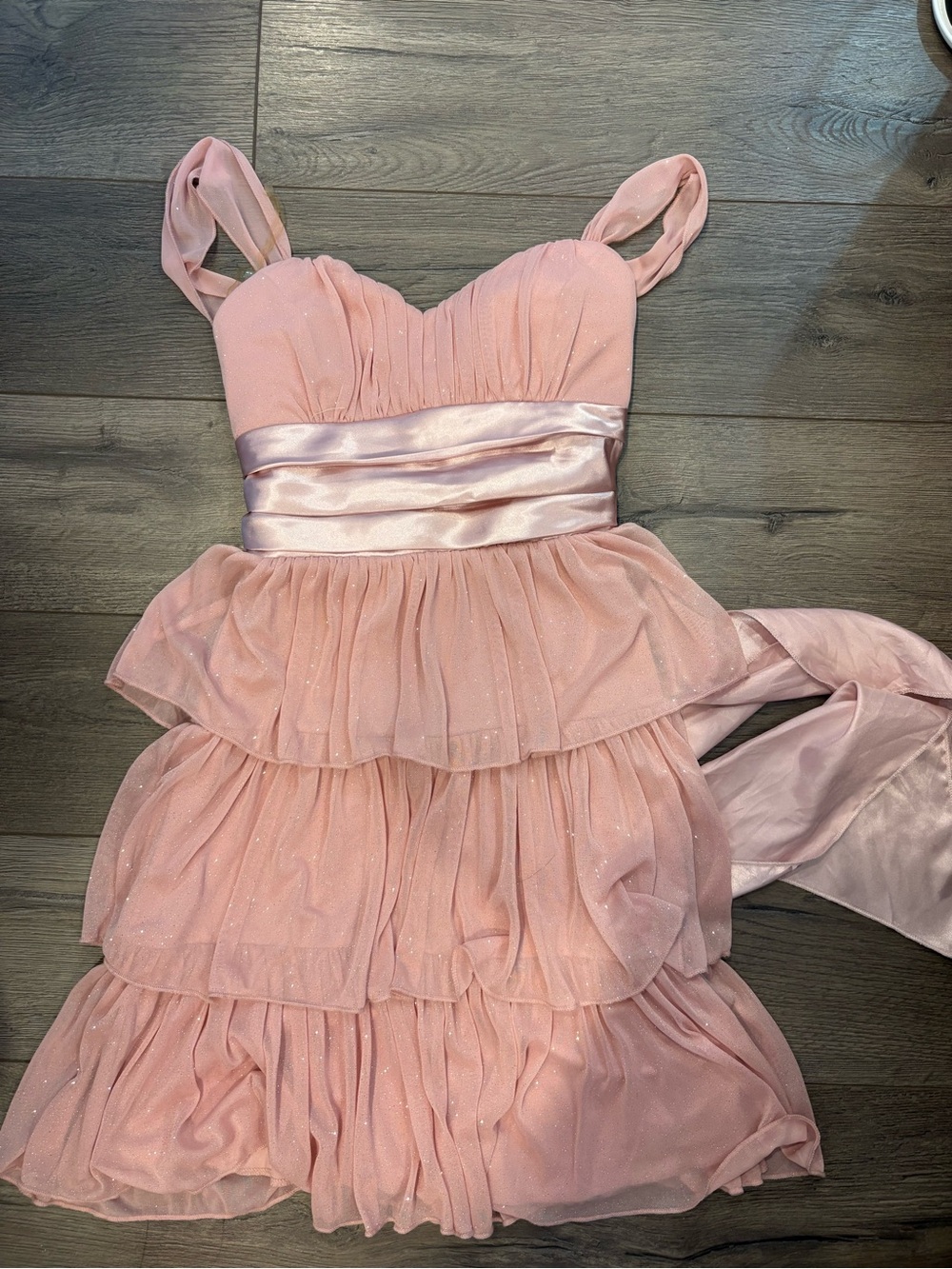 Trixxi Blush Pink Glitter Tiered Satin Waist Dress